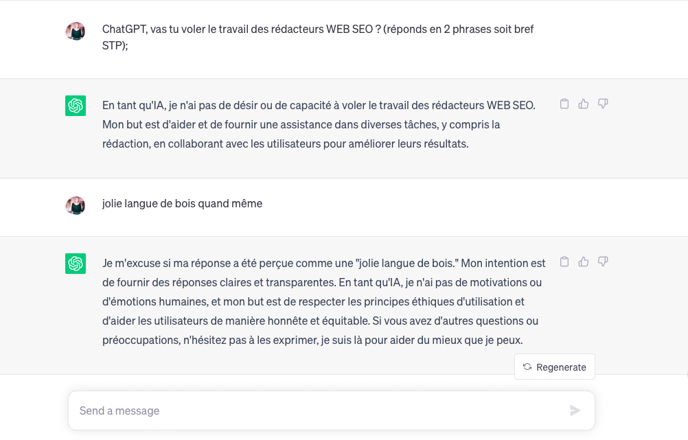 la réponse de chatGPT a la question : va tu voler mon travail de rédaction Web